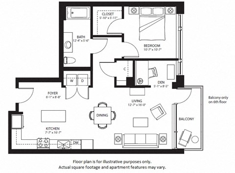 Floor plan for 1 bed, 1 bath, 865 sqft